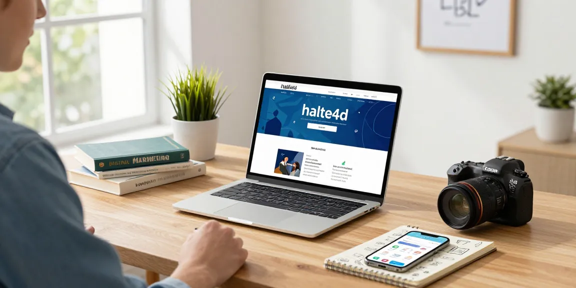 Pemandangan modern kantor rumah dengan individu menggunakan laptop "halte4d" dikelilingi buku dan alat tulis di meja.