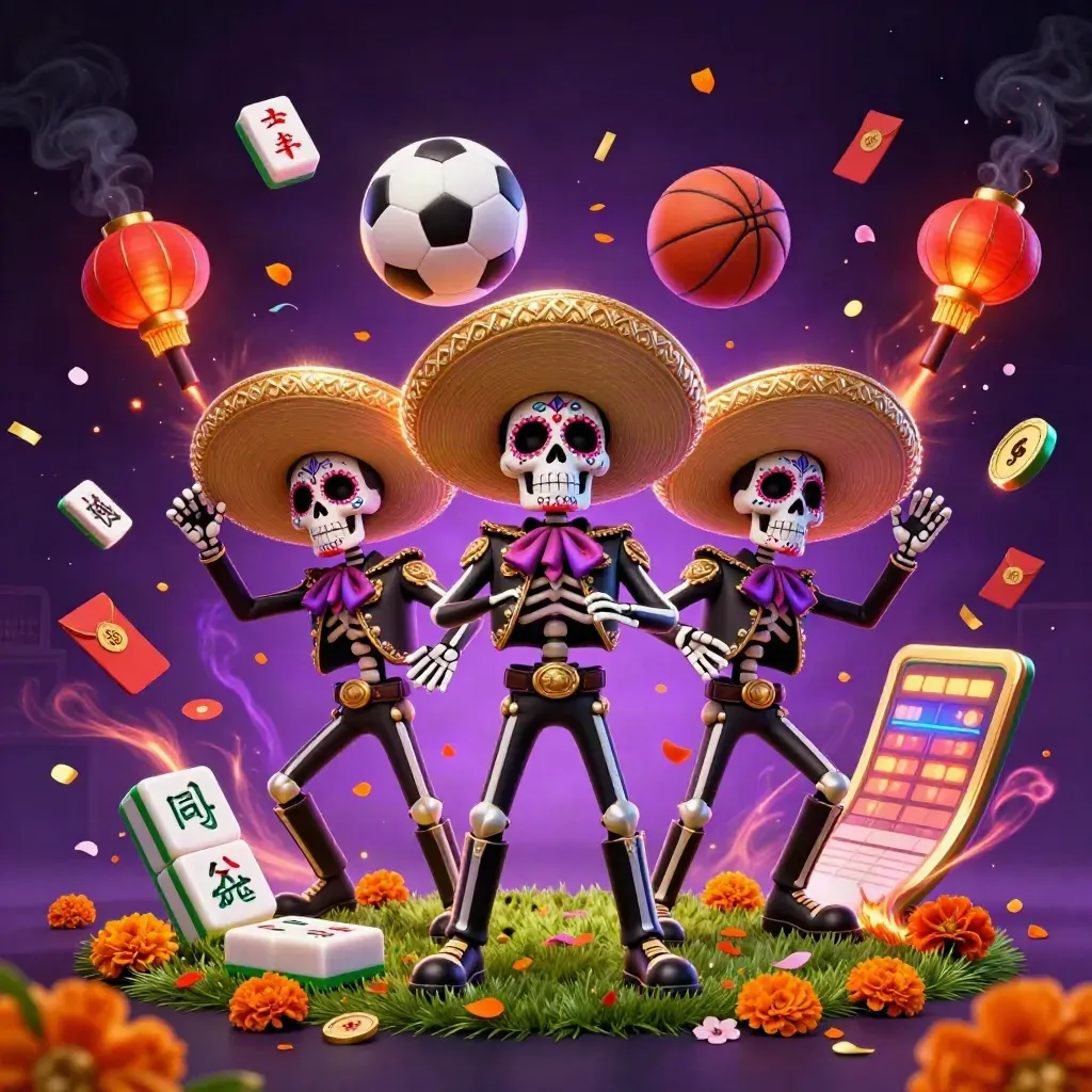 Skeleton mariachi trio with casino effects, balls, lanterns, coins, and neon cosmic background.