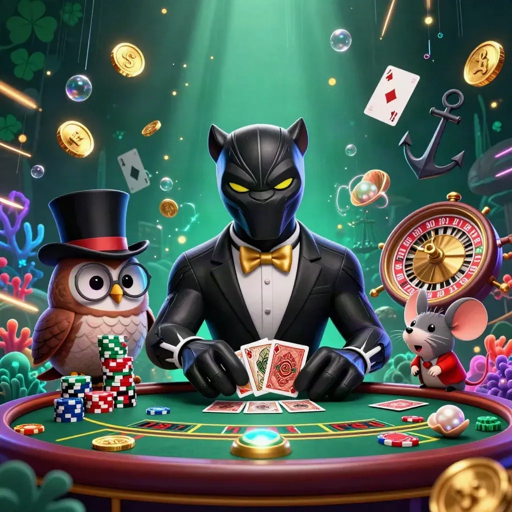 Panther, owl, and mouse in a neon casino treasure cove with spinning wheel and glowing cards.