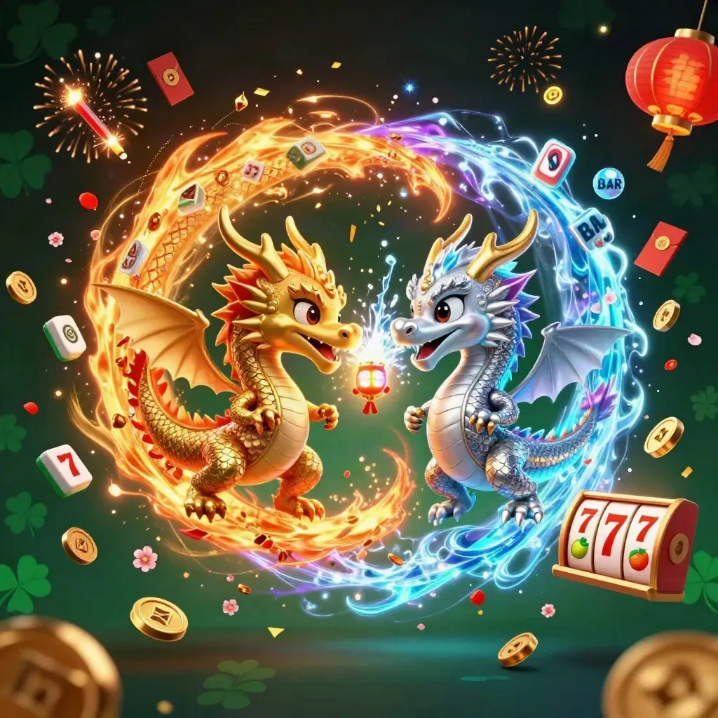 Gold and silver dragons swirl in fire-and-ice yin-yang with lantern spirit, coins, tiles, and fireworks.