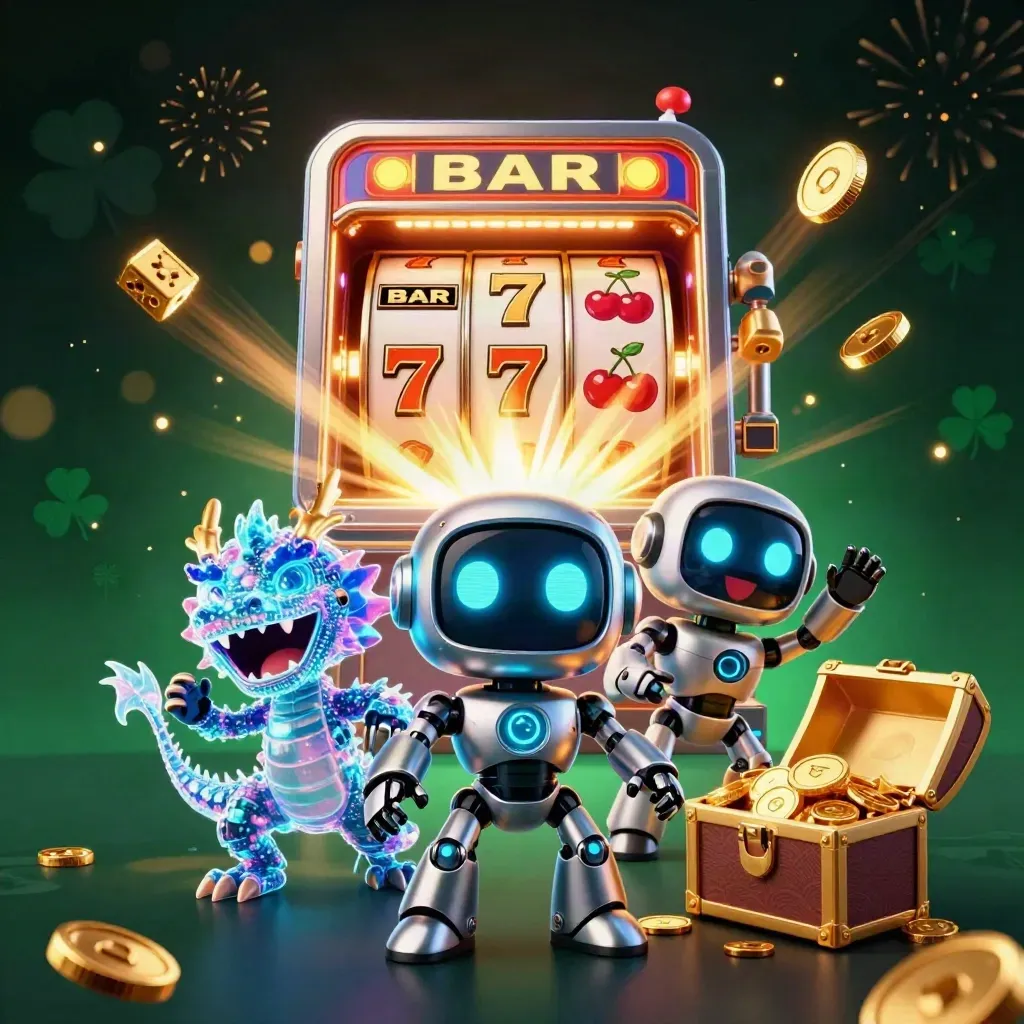 Cyberpunk robot, AI dragon, and coin drone amid exploding slots and gold coins.