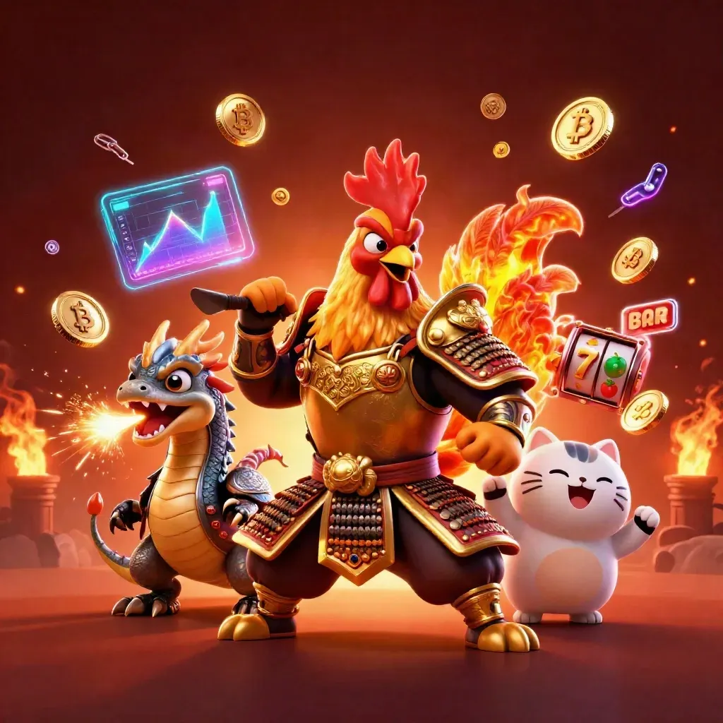 Golden rooster warrior, spark-breathing hatchling, and cheering fortune-cat amid neon coins and slot effects.